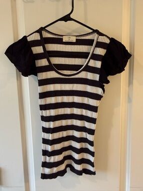 T. La (Anthropologie) Black & White Striped Flutter Sleeve Ribbed Top